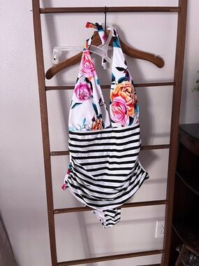 Cupshe White Floral & Black Stripe Halter One-Piece Swimsuit